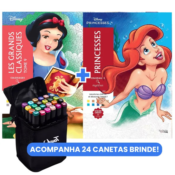 KIT Livros Branca de Neve e Ariel + 24 Canetas
