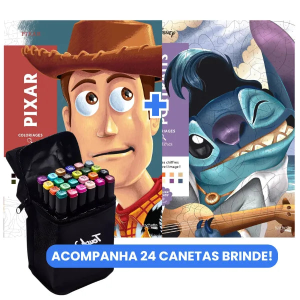 KIT Livros Woody e Stitch + 24 Canetas